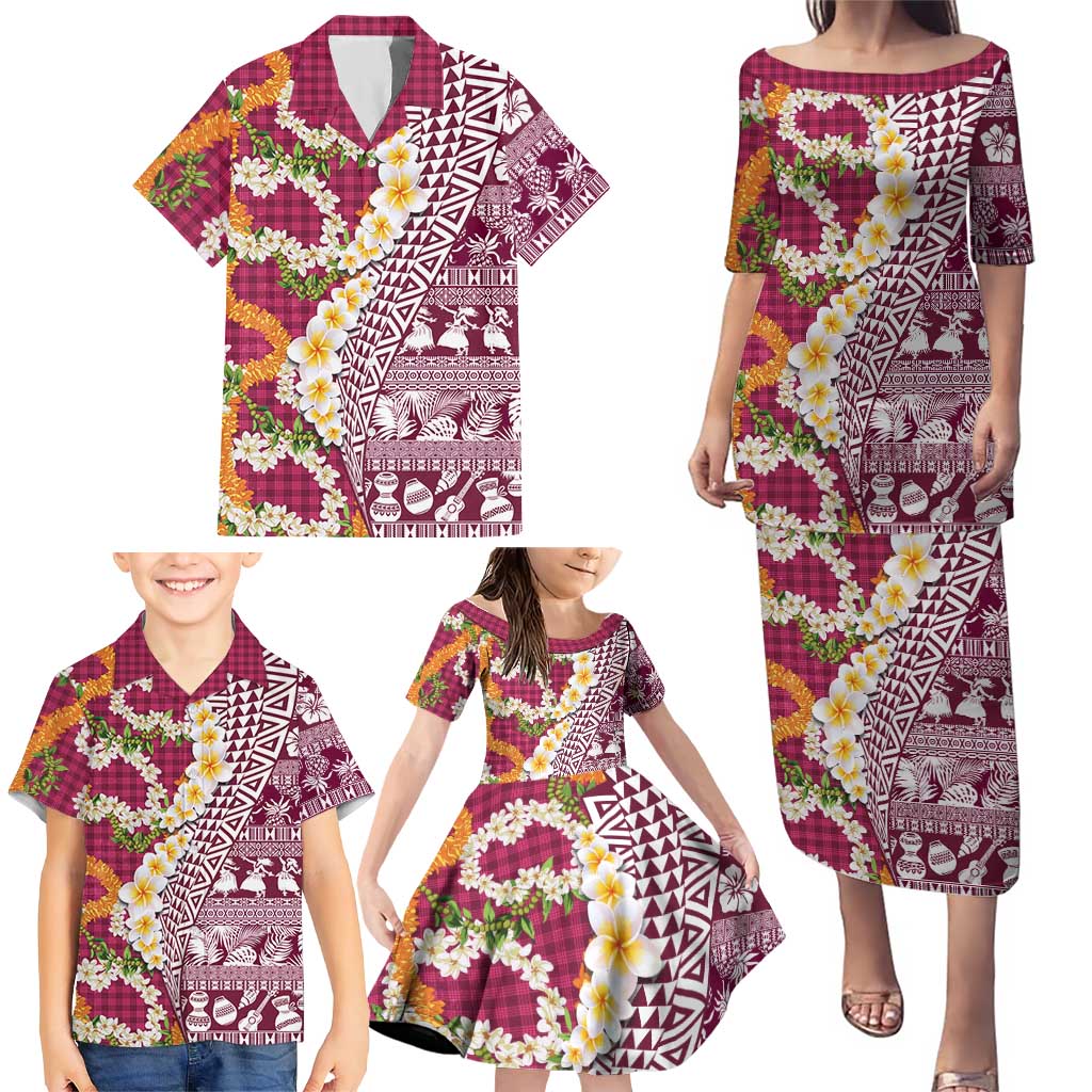 Hawaiian Plumeria Lei Family Matching Puletasi and Hawaiian Shirt Kakau Motifs and Palaka Half Style Pink Color LT03 - Polynesian Pride