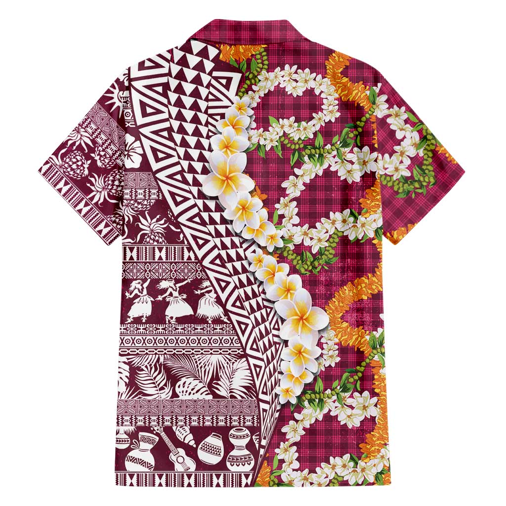 Hawaiian Plumeria Lei Family Matching Puletasi and Hawaiian Shirt Kakau Motifs and Palaka Half Style Pink Color - Polynesian Pride
