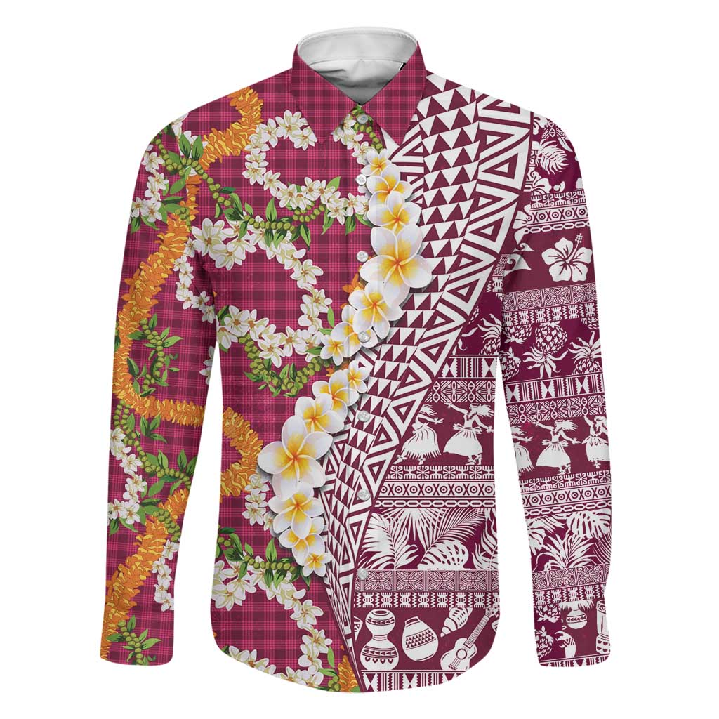 Hawaiian Plumeria Lei Family Matching Puletasi and Hawaiian Shirt Kakau Motifs and Palaka Half Style Pink Color - Polynesian Pride
