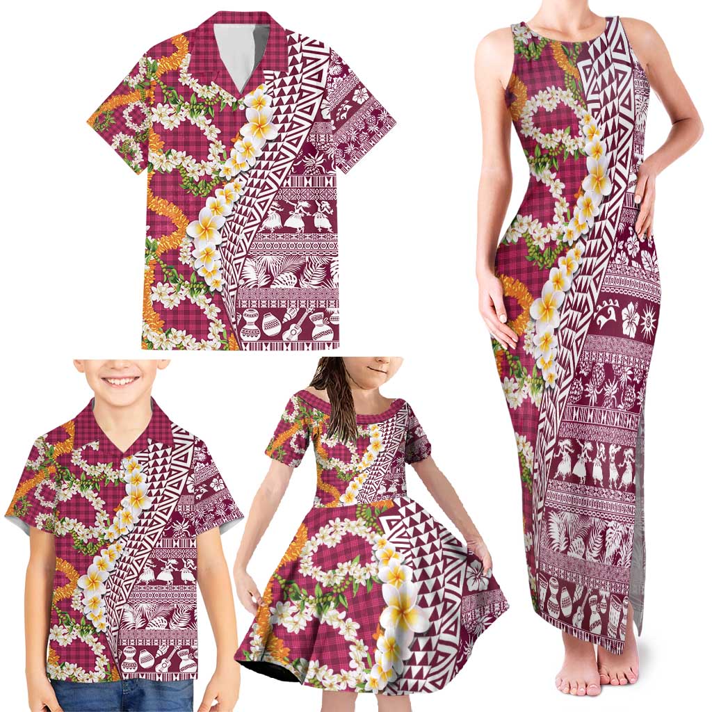Hawaiian Plumeria Lei Family Matching Tank Maxi Dress and Hawaiian Shirt Kakau Motifs and Palaka Half Style Pink Color - Polynesian Pride