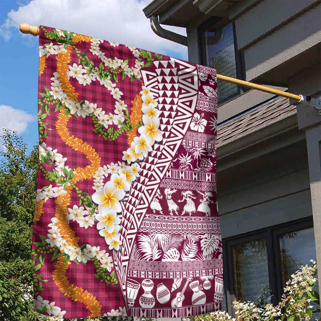 Hawaiian Plumeria Lei Garden Flag Kakau Motifs and Palaka Half Style Pink Color - Polynesian Pride