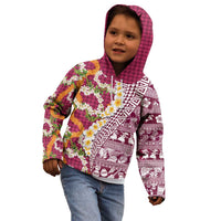 Hawaiian Plumeria Lei Kid Hoodie Kakau Motifs and Palaka Half Style Pink Color - Polynesian Pride