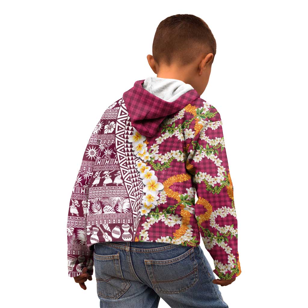 Hawaiian Plumeria Lei Kid Hoodie Kakau Motifs and Palaka Half Style Pink Color - Polynesian Pride