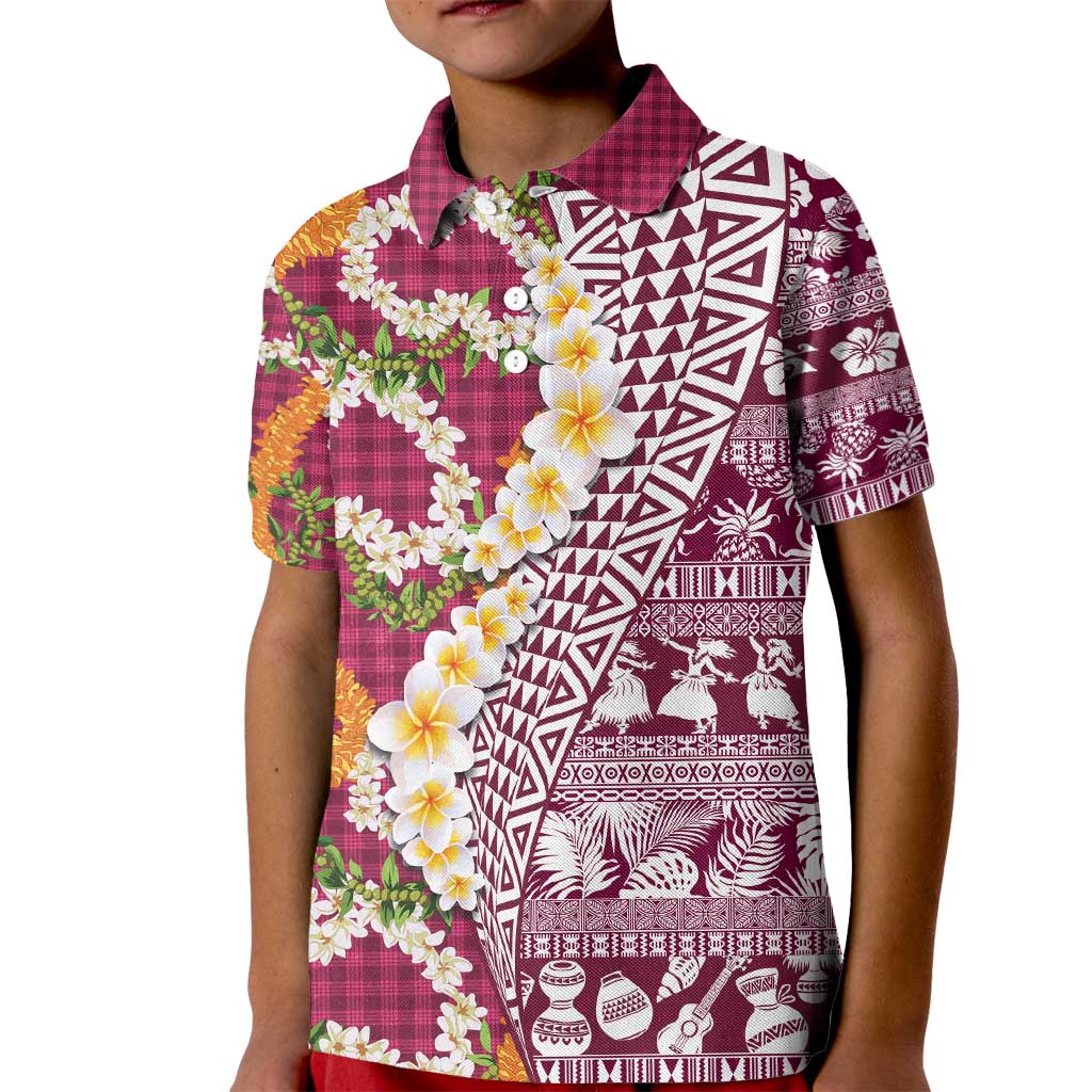 Hawaiian Plumeria Lei Kid Polo Shirt Kakau Motifs and Palaka Half Style Pink Color - Polynesian Pride