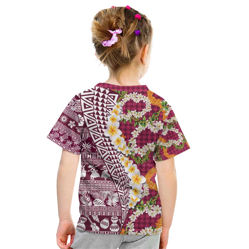 Hawaiian Plumeria Lei Kid T Shirt Kakau Motifs and Palaka Half Style Pink Color - Polynesian Pride