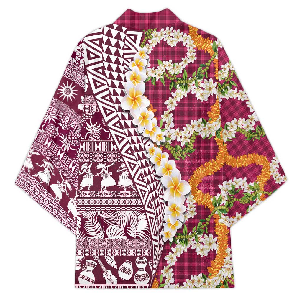 Hawaiian Plumeria Lei Kimono Kakau Motifs and Palaka Half Style Pink Color - Polynesian Pride