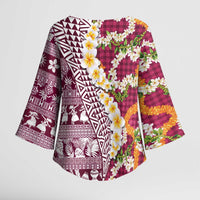 Hawaiian Plumeria Lei Kimono Sleeve Blouse Kakau Motifs and Palaka Half Style Pink Color LT03 - Polynesian Pride