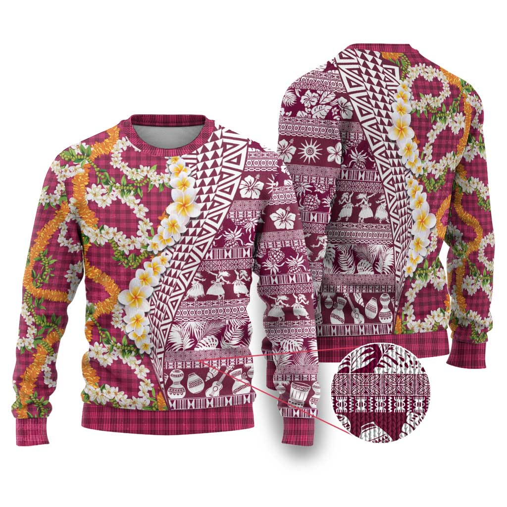 Hawaiian Plumeria Lei Ugly Christmas Sweater Kakau Motifs and Palaka Half Style Pink Color - Polynesian Pride