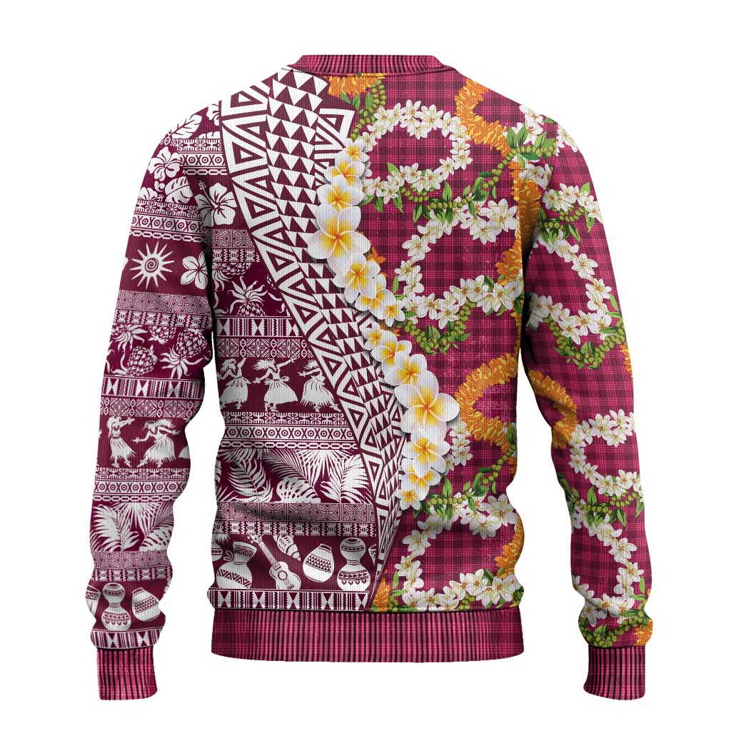 Hawaiian Plumeria Lei Ugly Christmas Sweater Kakau Motifs and Palaka Half Style Pink Color - Polynesian Pride