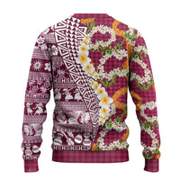 Hawaiian Plumeria Lei Ugly Christmas Sweater Kakau Motifs and Palaka Half Style Pink Color - Polynesian Pride