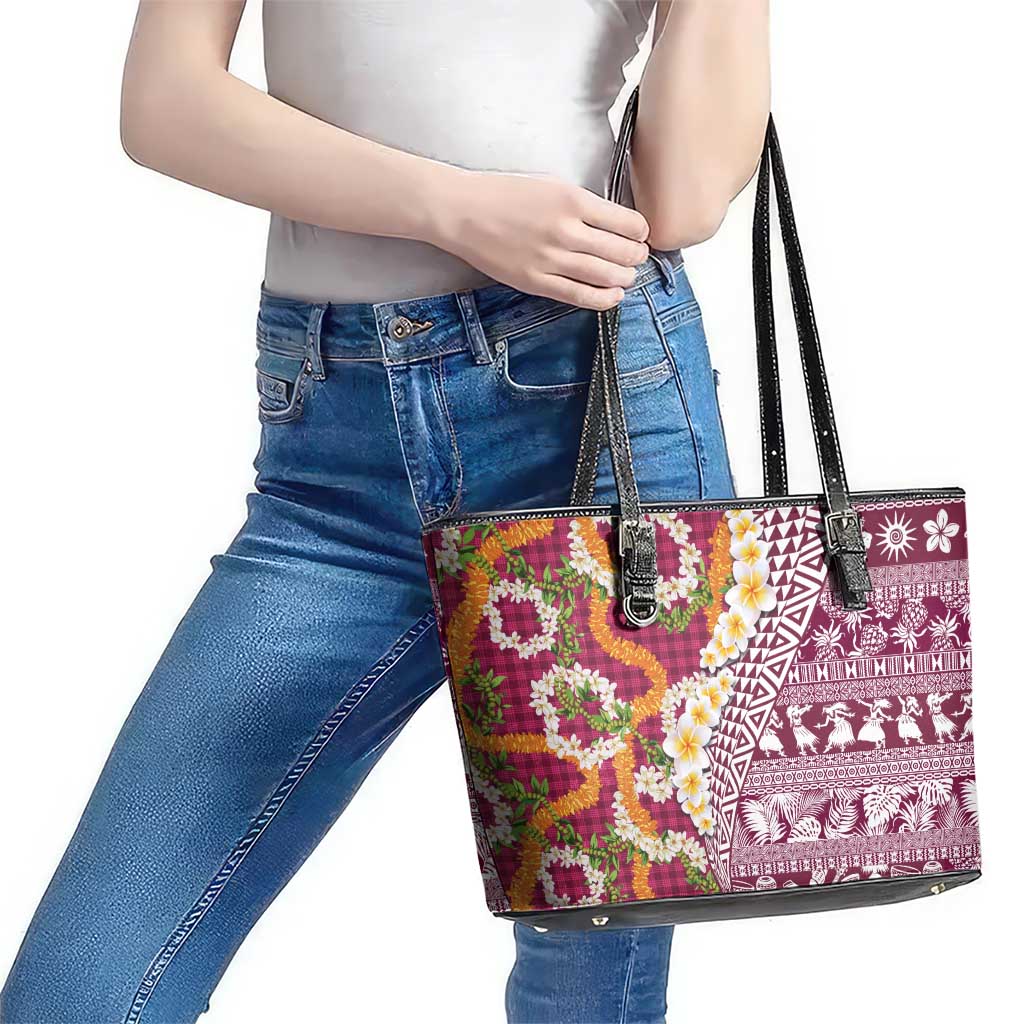 Hawaiian Plumeria Lei Leather Tote Bag Kakau Motifs and Palaka Half Style Pink Color LT03 - Polynesian Pride