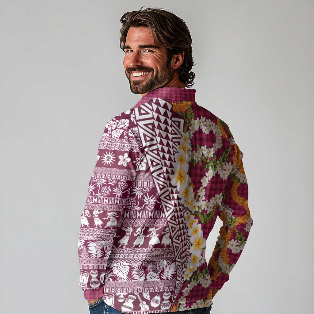 Hawaiian Plumeria Lei Long Sleeve Polo Shirt Kakau Motifs and Palaka Half Style Pink Color - Polynesian Pride
