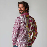 Hawaiian Plumeria Lei Long Sleeve Polo Shirt Kakau Motifs and Palaka Half Style Pink Color - Polynesian Pride