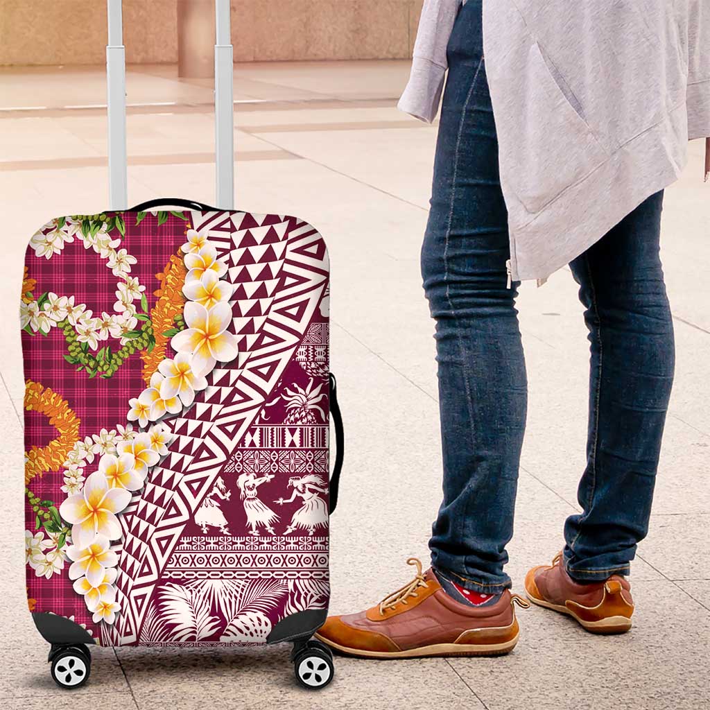 Hawaiian Plumeria Lei Luggage Cover Kakau Motifs and Palaka Half Style Pink Color - Polynesian Pride