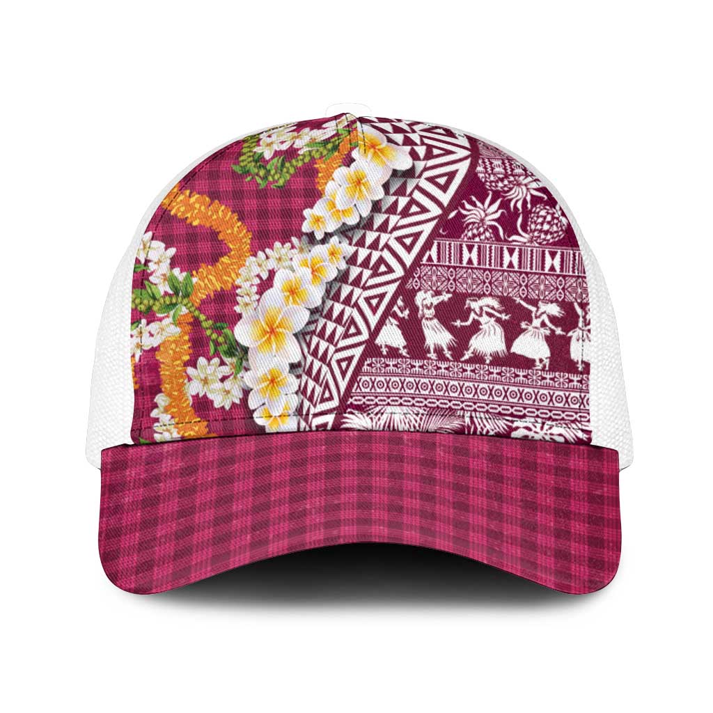 Hawaiian Plumeria Lei Mesh Trucker Cap Kakau Motifs and Palaka Half Style Pink Color - Polynesian Pride