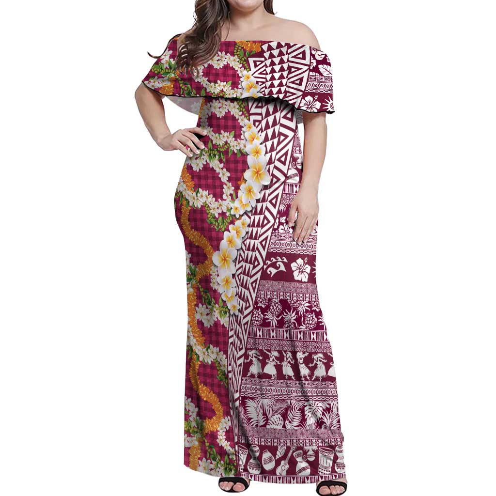 Hawaiian Plumeria Lei Off Shoulder Maxi Dress Kakau Motifs and Palaka Half Style Pink Color - Polynesian Pride