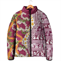 Hawaiian Plumeria Lei Padded Jacket Kakau Motifs and Palaka Half Style Pink Color LT03 - Polynesian Pride