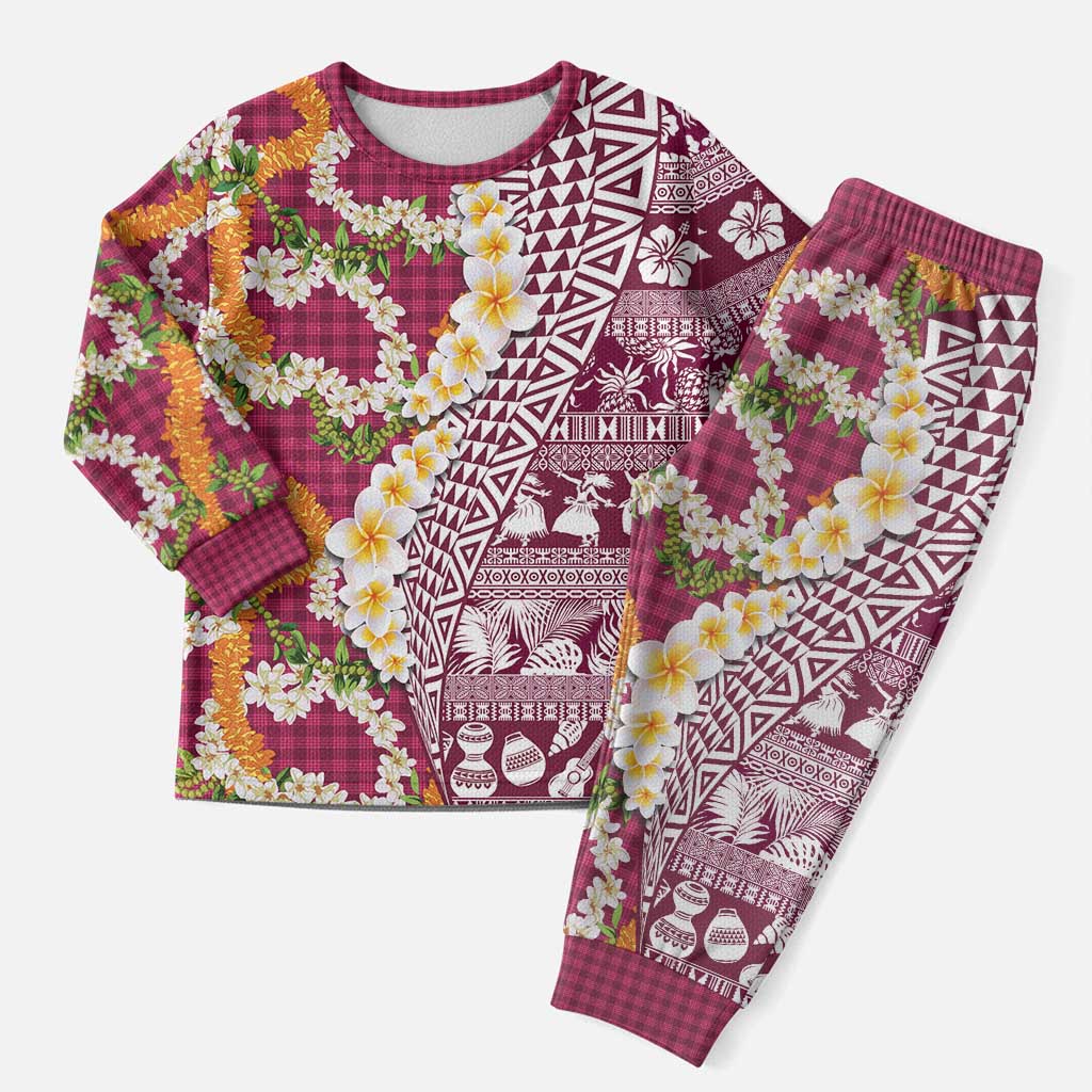 Hawaiian Plumeria Lei Christmas Pajama Set Kakau Motifs and Palaka Half Style Pink Color - Polynesian Pride