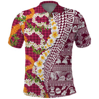 Hawaiian Plumeria Lei Polo Shirt Kakau Motifs and Palaka Half Style Pink Color - Polynesian Pride