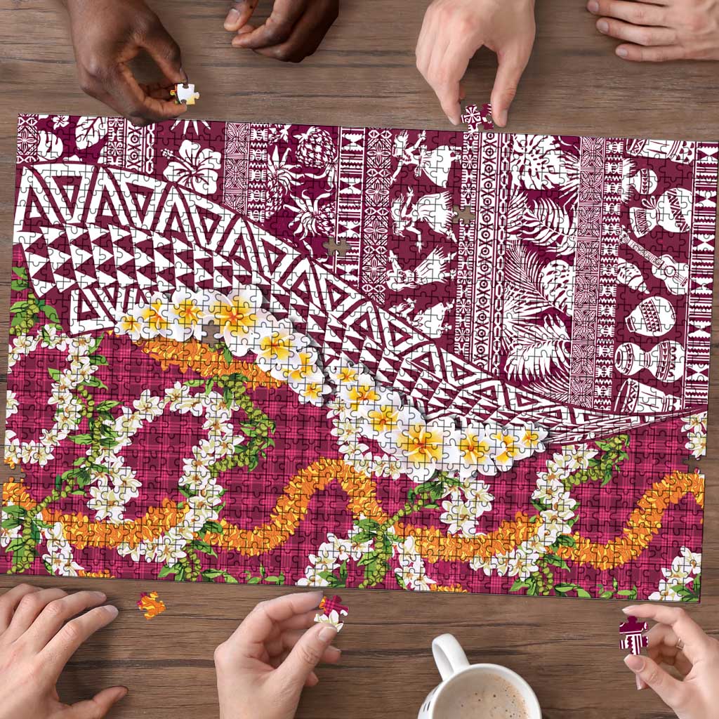 Hawaiian Plumeria Lei Puzzle Kakau Motifs and Palaka Half Style Pink Color LT03 - Polynesian Pride
