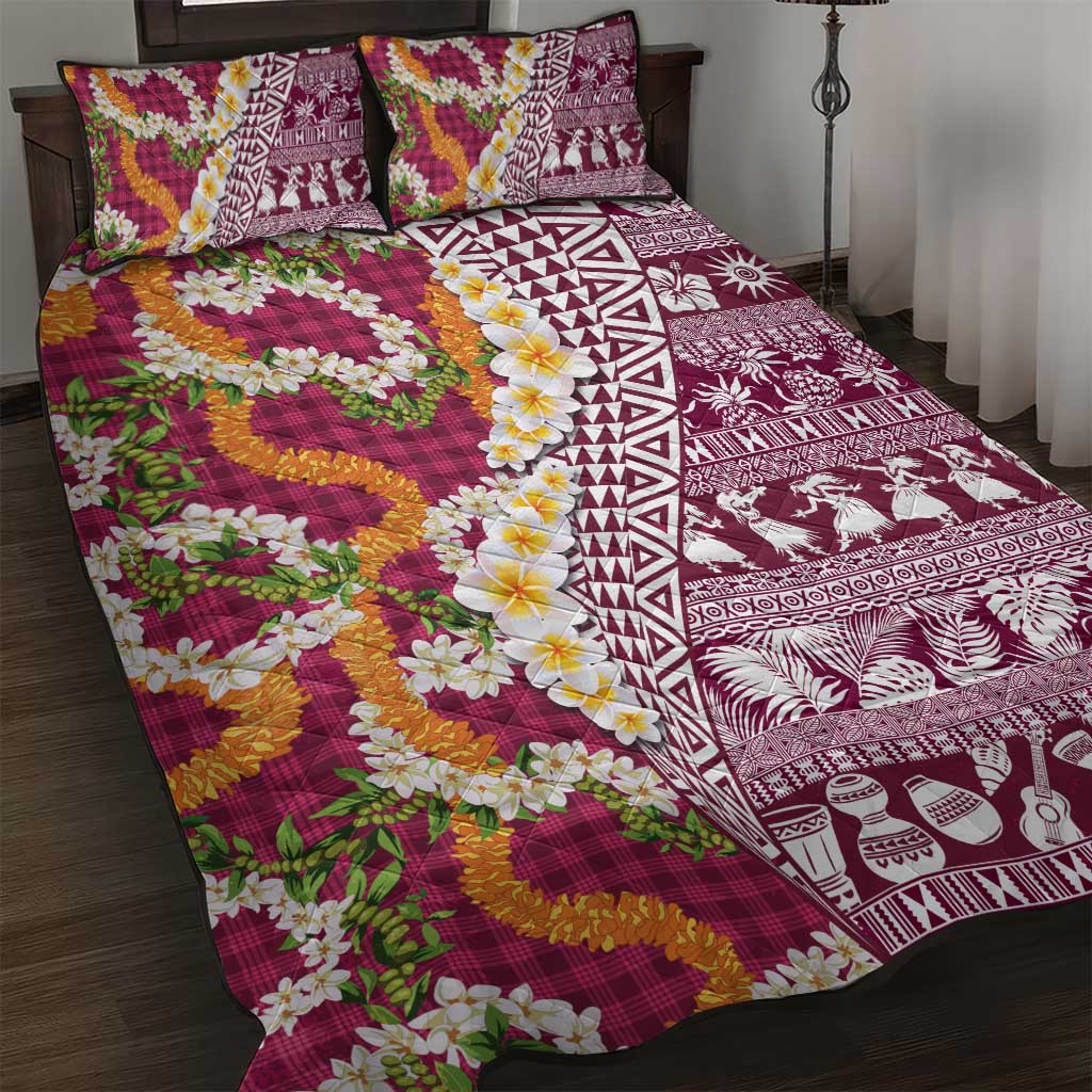 Hawaiian Plumeria Lei Quilt Bed Set Kakau Motifs and Palaka Half Style Pink Color - Polynesian Pride