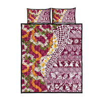 Hawaiian Plumeria Lei Quilt Bed Set Kakau Motifs and Palaka Half Style Pink Color - Polynesian Pride