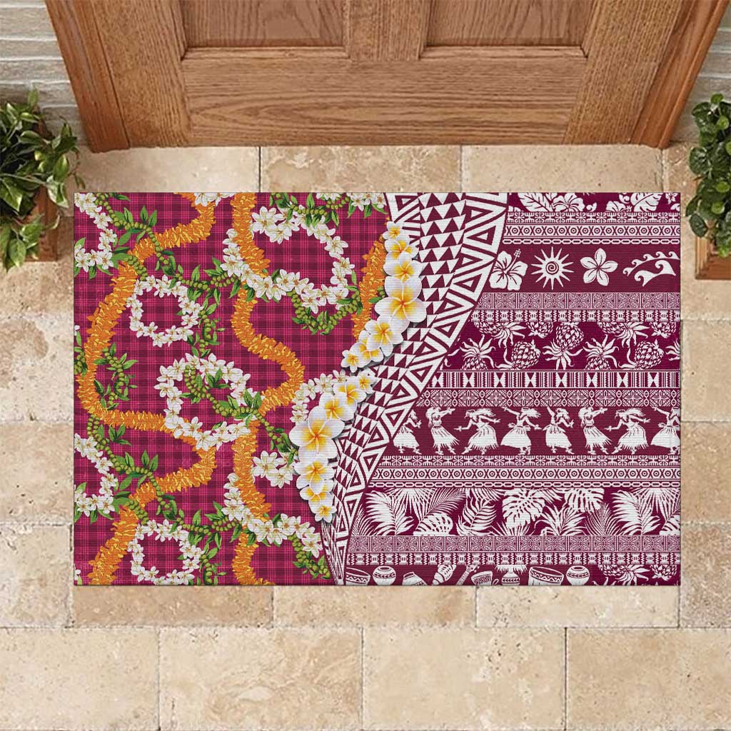 Hawaiian Plumeria Lei Rubber Doormat Kakau Motifs and Palaka Half Style Pink Color LT03 Pink - Polynesian Pride