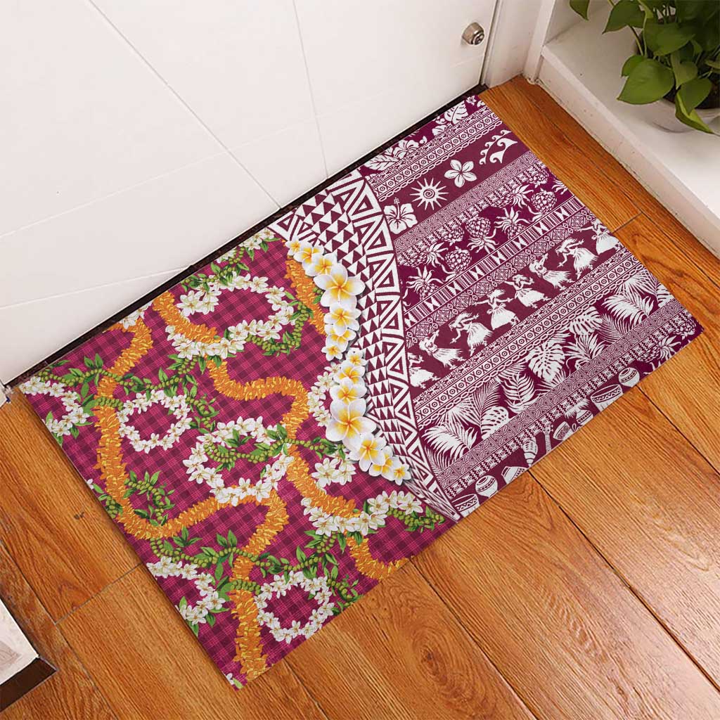 Hawaiian Plumeria Lei Rubber Doormat Kakau Motifs and Palaka Half Style Pink Color LT03 - Polynesian Pride