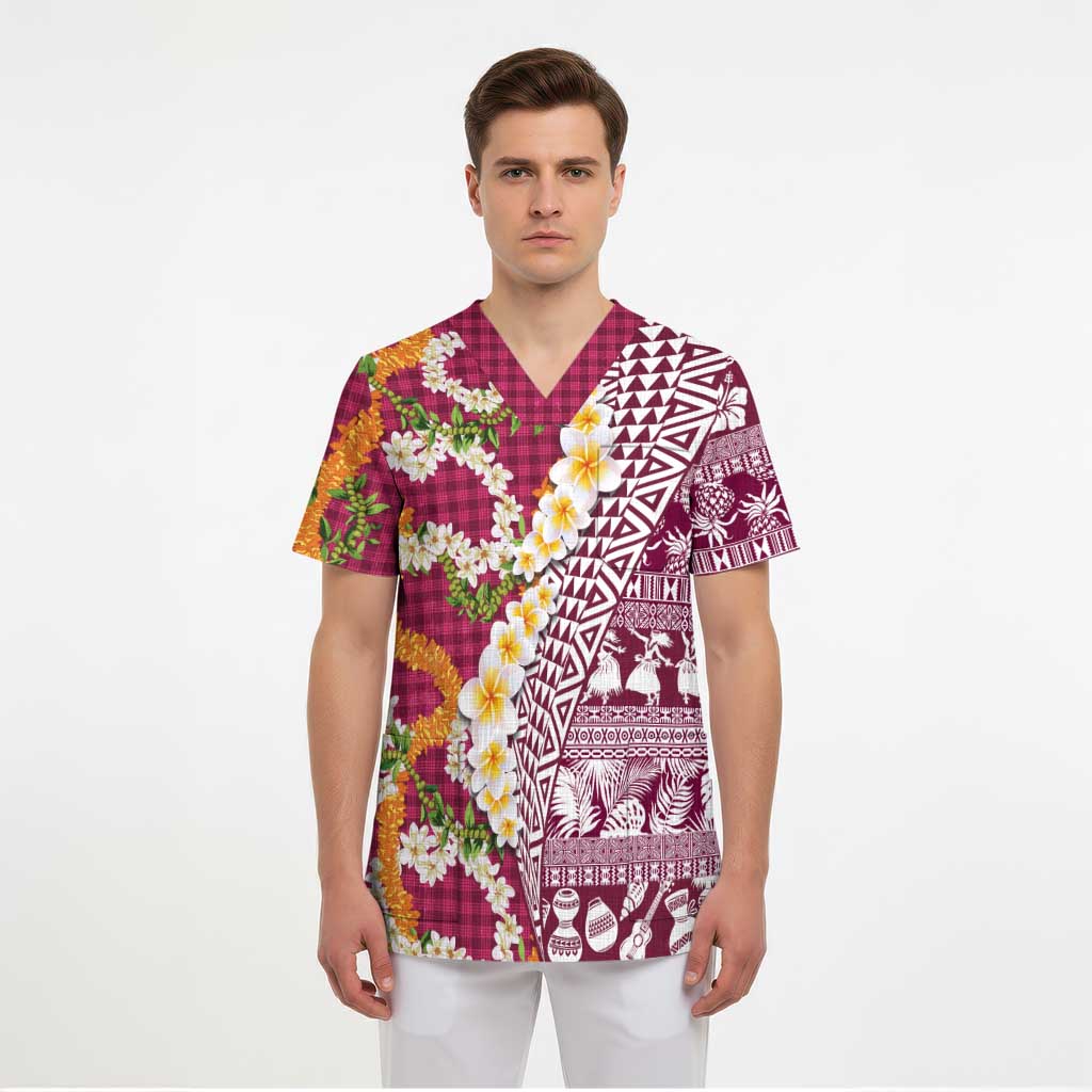 Hawaiian Plumeria Lei Scrub Top Kakau Motifs and Palaka Half Style Pink Color LT03 - Polynesian Pride