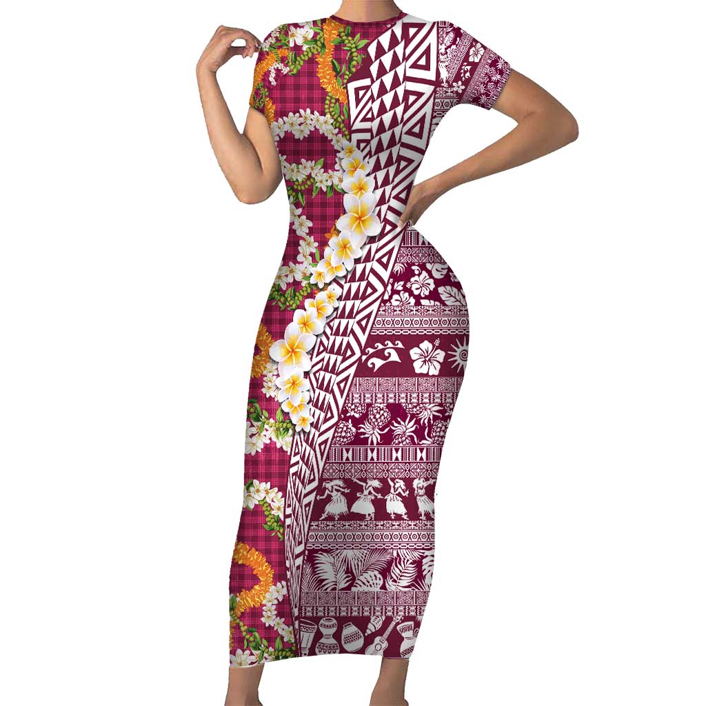 Hawaiian Plumeria Lei Short Sleeve Bodycon Dress Kakau Motifs and Palaka Half Style Pink Color - Polynesian Pride