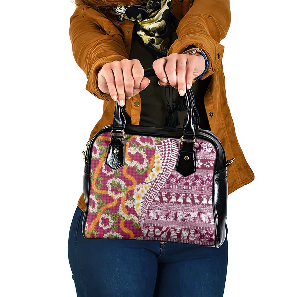 Hawaiian Plumeria Lei Shoulder Handbag Kakau Motifs and Palaka Half Style Pink Color LT03 One Size Pink - Polynesian Pride