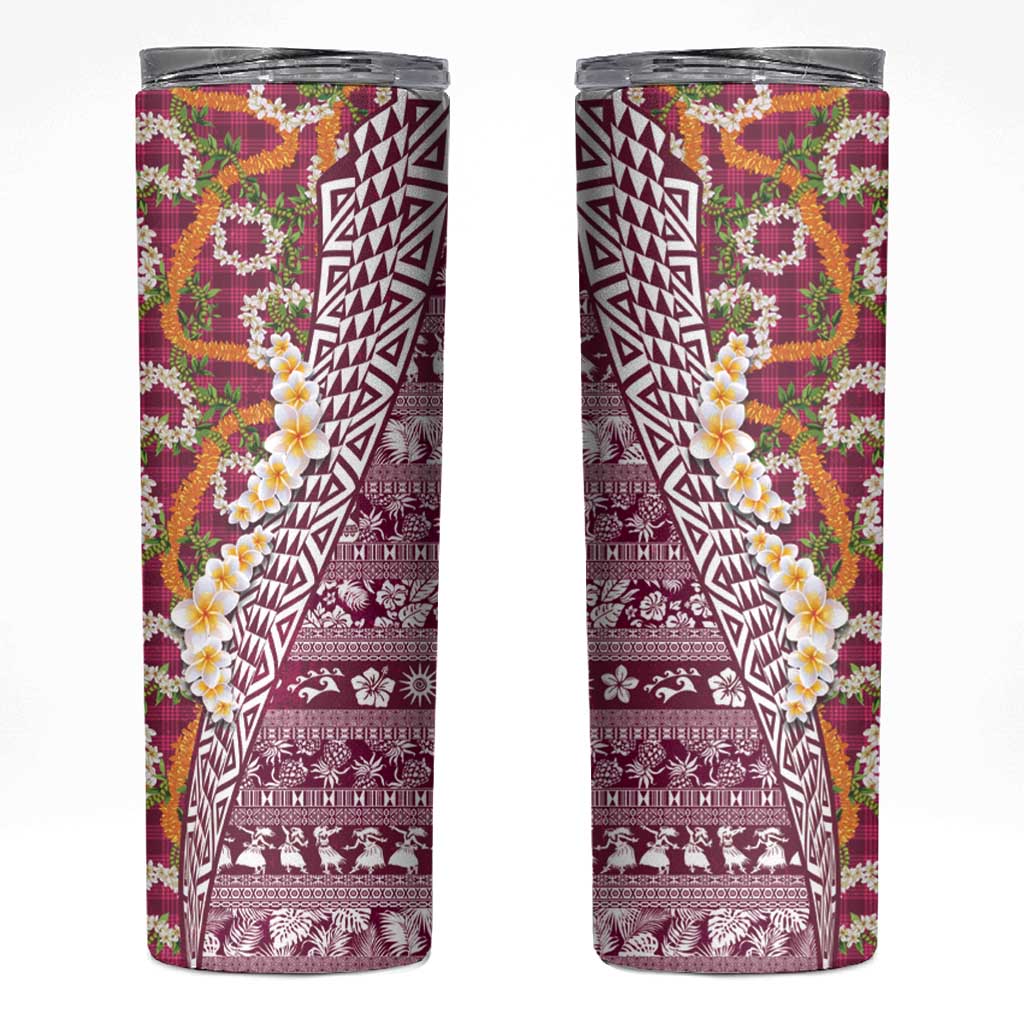 Hawaiian Plumeria Lei Skinny Tumbler Kakau Motifs and Palaka Half Style Pink Color - Polynesian Pride