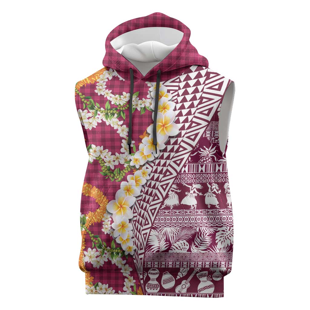 Hawaiian Plumeria Lei Sleeveless Hoodie Kakau Motifs and Palaka Half Style Pink Color - Polynesian Pride