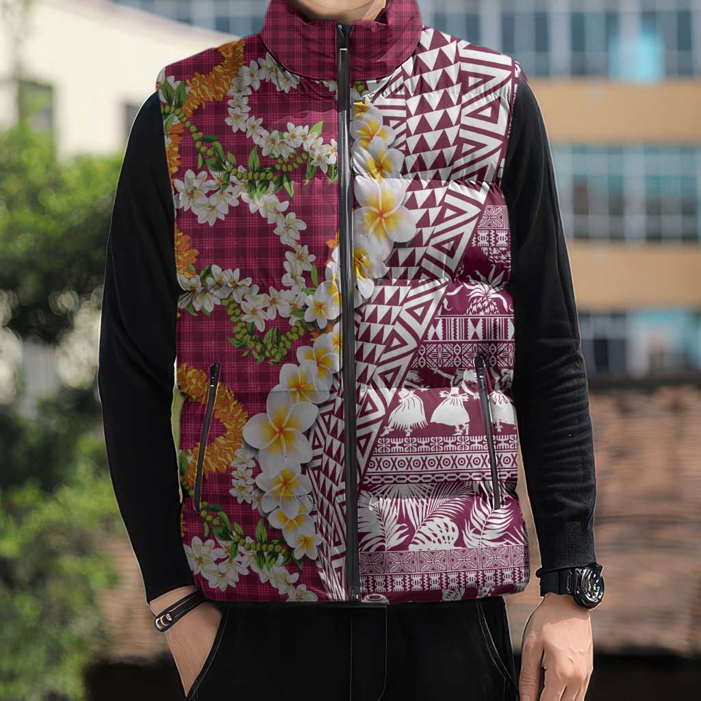 Hawaiian Plumeria Lei Sleeveless Puffer Jacket Kakau Motifs and Palaka Half Style Pink Color LT03 - Polynesian Pride