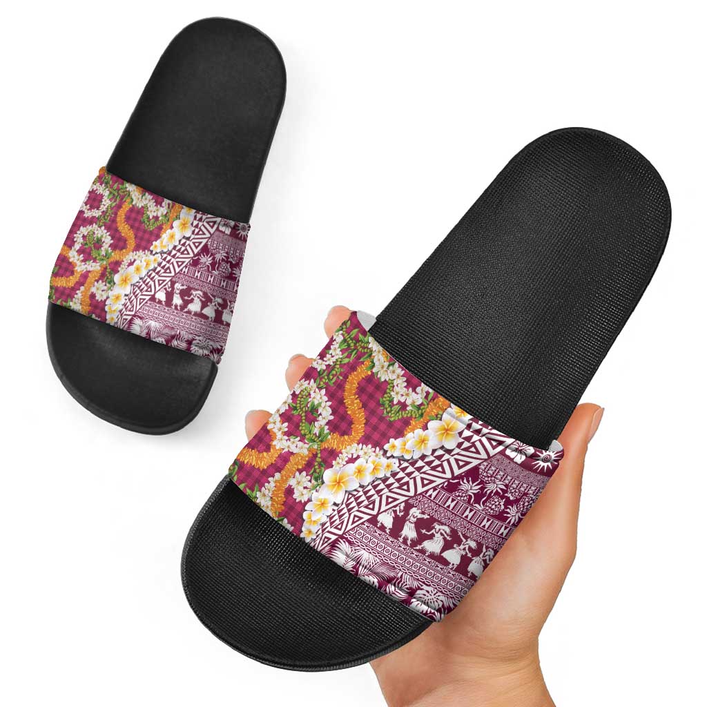 Hawaiian Plumeria Lei Slide Sandals Kakau Motifs and Palaka Half Style Pink Color - Polynesian Pride