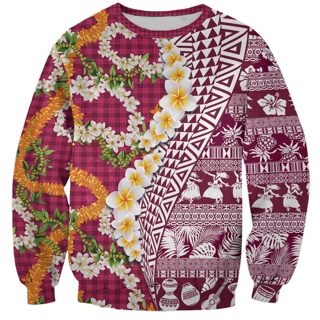 Hawaiian Plumeria Lei Sweatshirt Kakau Motifs and Palaka Half Style Pink Color LT03 Unisex Pink - Polynesian Pride