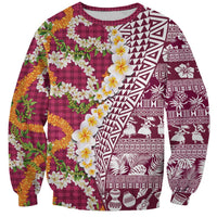 Hawaiian Plumeria Lei Sweatshirt Kakau Motifs and Palaka Half Style Pink Color LT03 Unisex Pink - Polynesian Pride