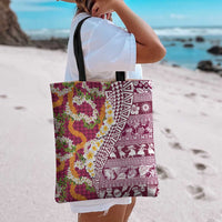Hawaiian Plumeria Lei Tote Bag Kakau Motifs and Palaka Half Style Pink Color - Polynesian Pride