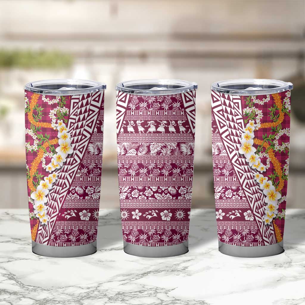 Hawaiian Plumeria Lei Tumbler Cup Kakau Motifs and Palaka Half Style Pink Color - Polynesian Pride