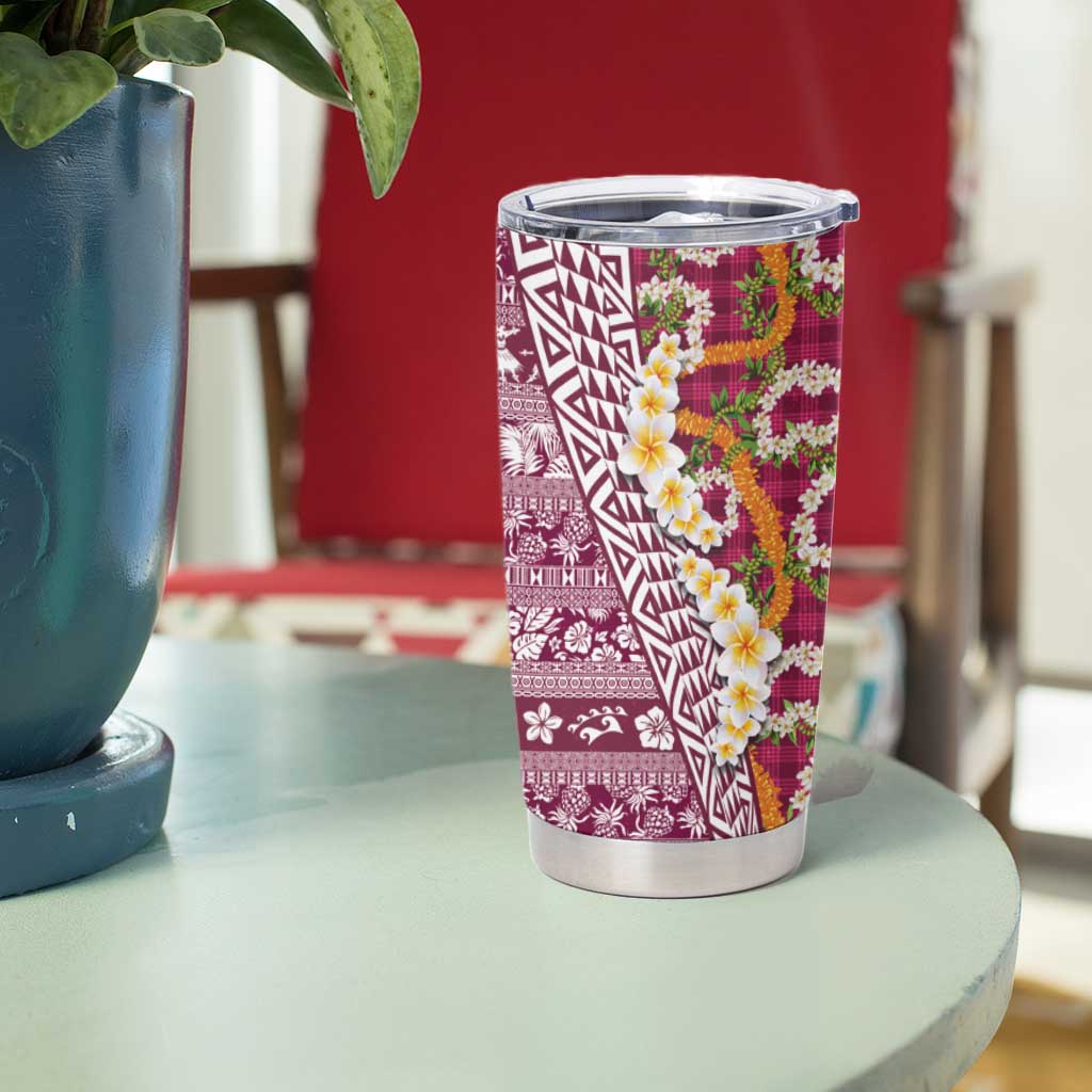 Hawaiian Plumeria Lei Tumbler Cup Kakau Motifs and Palaka Half Style Pink Color - Polynesian Pride