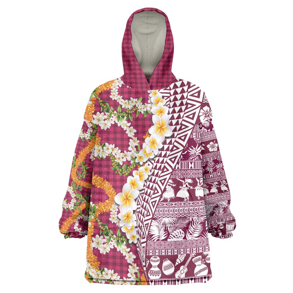 Hawaiian Plumeria Lei Wearable Blanket Hoodie Kakau Motifs and Palaka Half Style Pink Color LT03 One Size Pink - Polynesian Pride