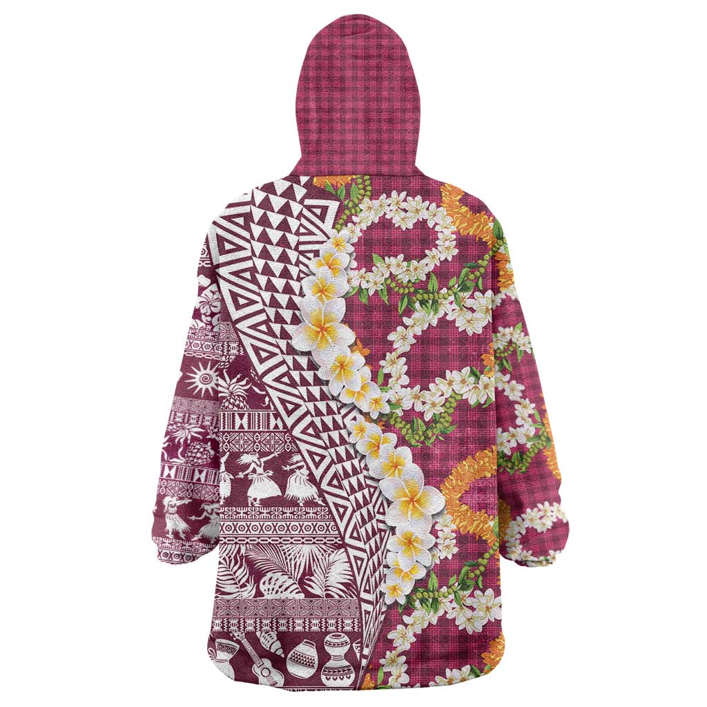 Hawaiian Plumeria Lei Wearable Blanket Hoodie Kakau Motifs and Palaka Half Style Pink Color - Polynesian Pride