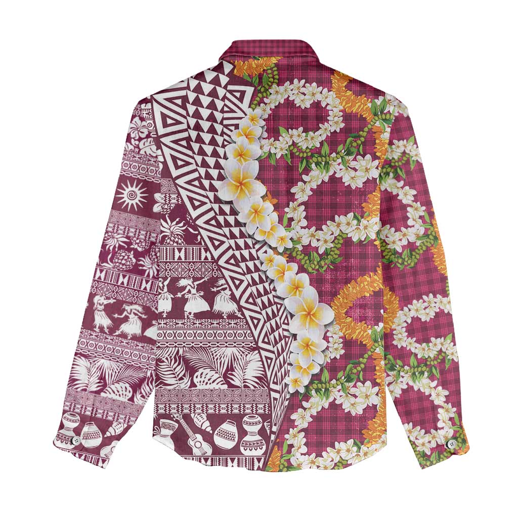 Hawaiian Plumeria Lei Women Casual Shirt Kakau Motifs and Palaka Half Style Pink Color - Polynesian Pride