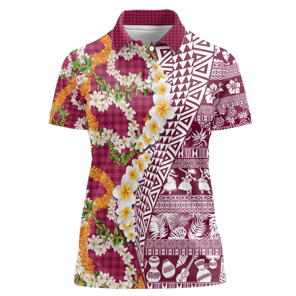 Hawaiian Plumeria Lei Women Polo Shirt Kakau Motifs and Palaka Half Style Pink Color - Polynesian Pride