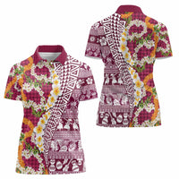Hawaiian Plumeria Lei Women Polo Shirt Kakau Motifs and Palaka Half Style Pink Color - Polynesian Pride