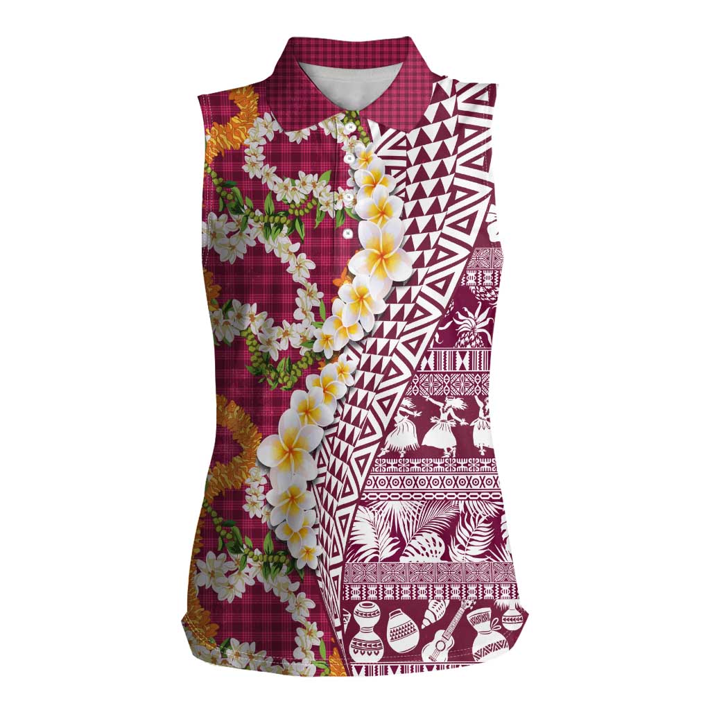 Hawaiian Plumeria Lei Women Sleeveless Polo Shirt Kakau Motifs and Palaka Half Style Pink Color LT03 Female Pink - Polynesian Pride