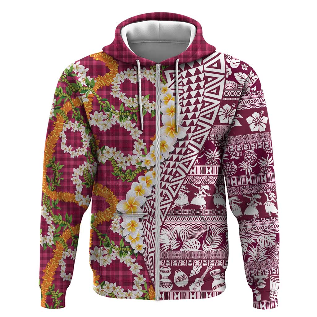 Hawaiian Plumeria Lei Zip Hoodie Kakau Motifs and Palaka Half Style Pink Color LT03 Zip Hoodie Pink - Polynesian Pride