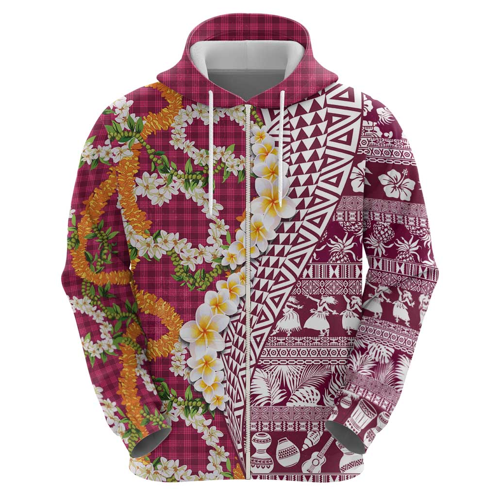 Hawaiian Plumeria Lei Zip Hoodie Kakau Motifs and Palaka Half Style Pink Color - Polynesian Pride