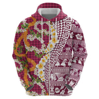 Hawaiian Plumeria Lei Zip Hoodie Kakau Motifs and Palaka Half Style Pink Color - Polynesian Pride