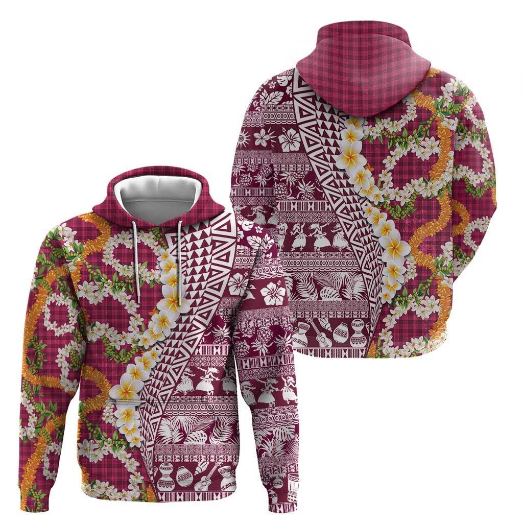 Hawaiian Plumeria Lei Zip Hoodie Kakau Motifs and Palaka Half Style Pink Color - Polynesian Pride